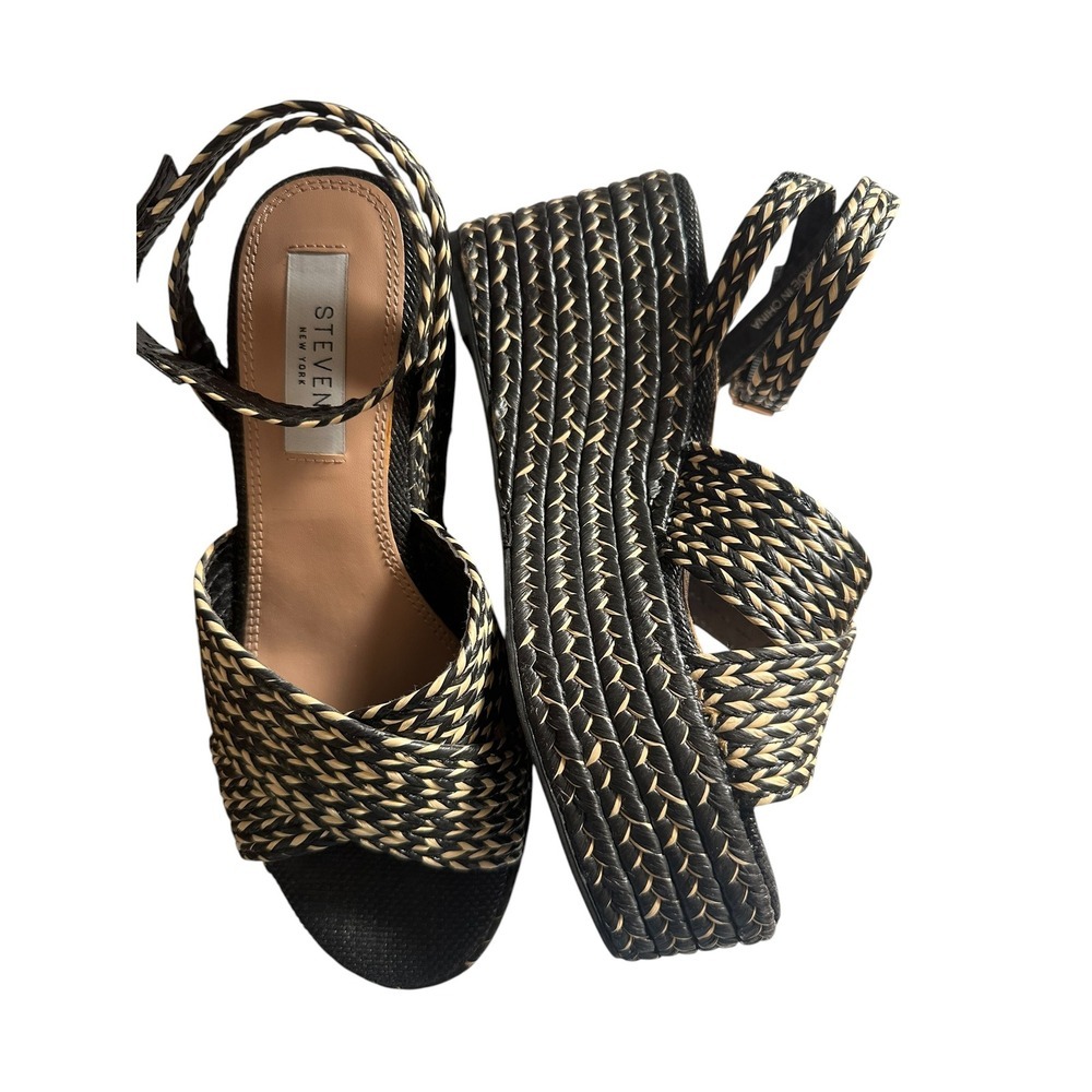 Steven New York Woven Espadrille Wedge Sandals Black Tan Ankle Strap Platform